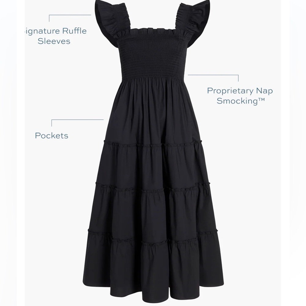 Hill House The Ellie Nap Dress Black Midi Dress with Ruffle Sleeves Size Small - Picture 3 of 14